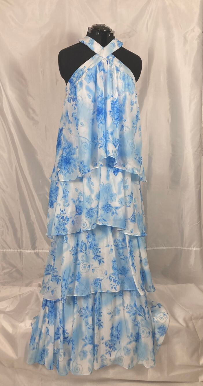 14 16 L XL halter high tiered ruffled dress chiffon flowy romantic white blue